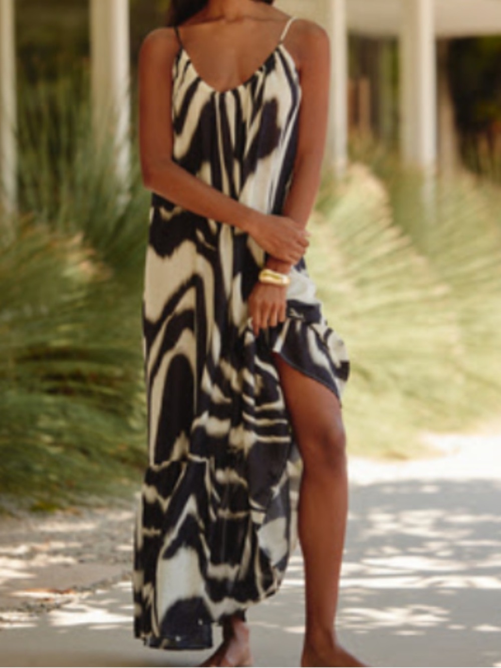 Black & White Abstract Maxi Dress with Spaghetti Straps